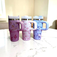 Floral Tumbler with Handle - 14oz Vintage Flower Tumbler | Leakproof Insulated Cup with Lid and Straw - Coquette Aesthetic