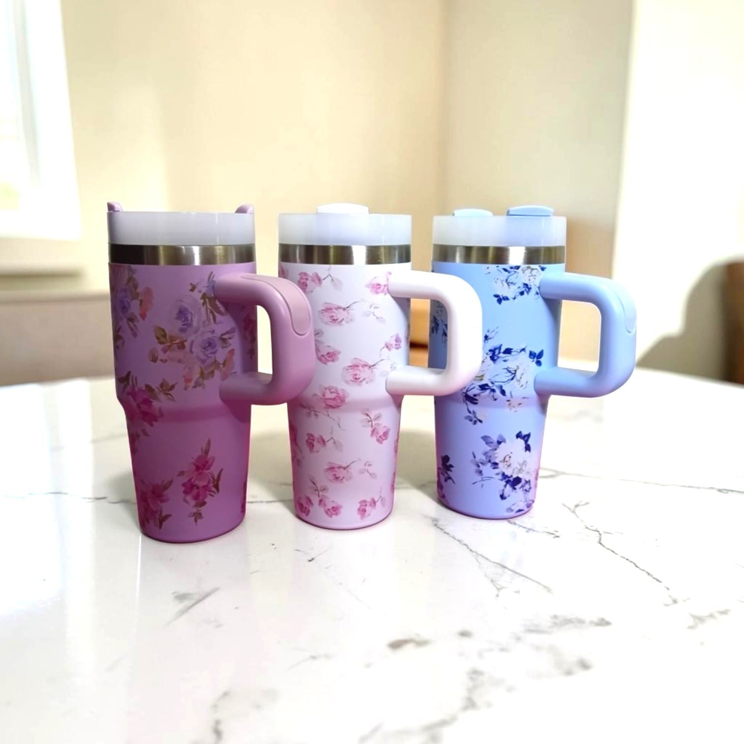 Floral Tumbler with Handle - 14oz Vintage Flower Tumbler | Leakproof Insulated Cup with Lid and Straw - Coquette Aesthetic