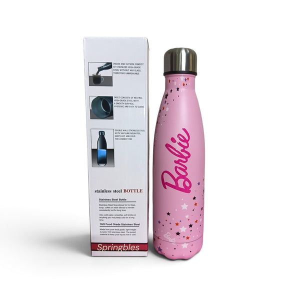 Barbie Stainless Steel Water Bottle for Girls - 500ml Double Walled Insulated Bottle - Pink Star Print