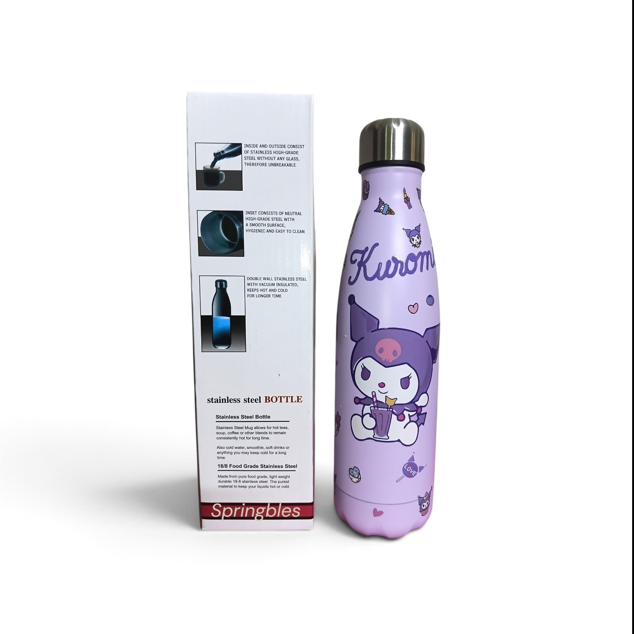Kuromi Water Bottle - Stainless Steel Insulated Bottle - 500ml Cute Purple Kuromi Bottle