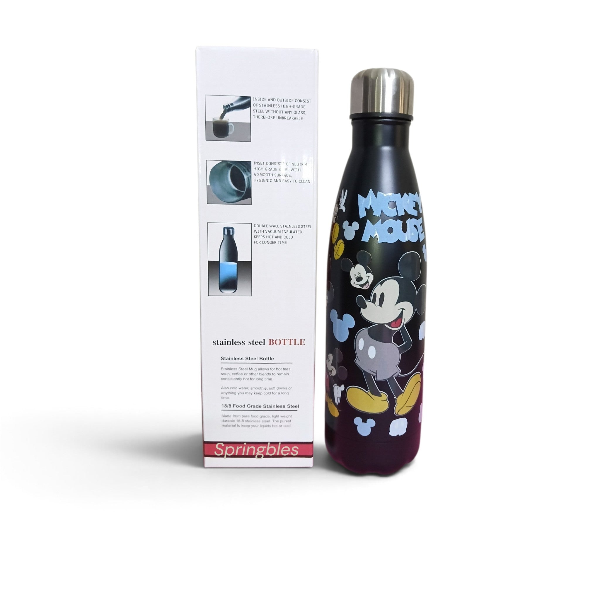Mickey Mouse Stainless Steel Water Bottle - 500ml Double Walled Insulated Bottle for Kids - Black